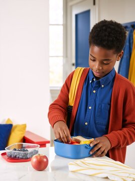Young boy packing a healthy school lunch in the kitchen. Student with a backpack preparing a lunchbox with a sandwich and fruit. Back to school morning routine