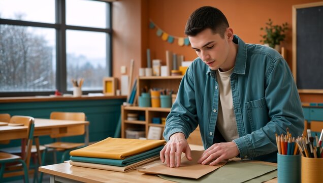 Young man folding colorful paper at a desk in an art classroom. Focused male student or teacher preparing materials for a creative project. Art and craft workshop