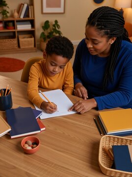 Mother helping her son with homework at a wooden desk. Black woman tutoring a young boy writing on paper. Homeschooling and family education concept