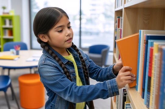 Young girl with braids choosing an orange book from library shelf. Elementary student taking textbook from bookshelf in bright school classroom. Childhood education and reading concept