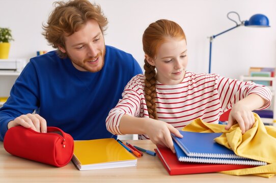 Father and daughter packing a school bag together at a desk. Red-haired man helping a young girl prepare for school with notebooks and pencil case. Back to school concept