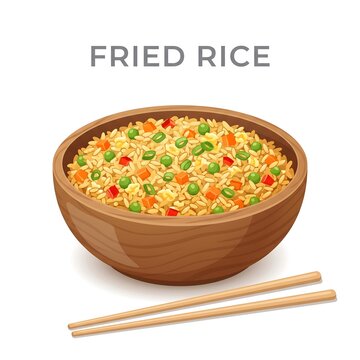A wooden bowl filled with flavorful fried rice mixed with colorful vegetables, served alongside chopsticks on a clean white background.