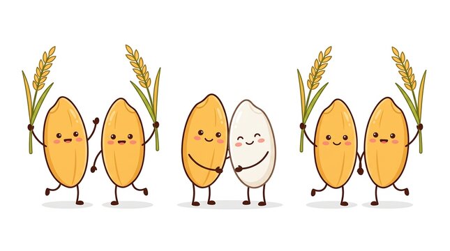 Cute cartoon rice grain characters holding golden stalks of paddy wheat, dancing and hugging happily on a clean white background.