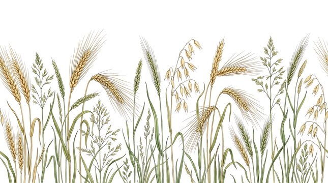 Botanical illustration of a horizontal border with various cereal grasses like wheat, barley, rye, and oats on a clean white background.