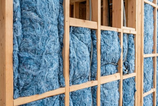Angled view of sustainable blue cotton insulation packed between wall studs
