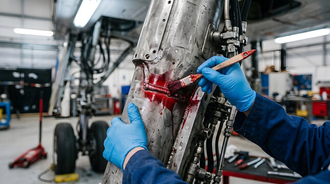 Aviation technician wearing blue nitrile gloves applying red liquid penetrant dye onto a weld seam on an aircraft landing gear strut.