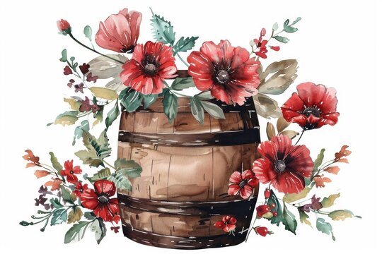 Watercolor painting of red poppies and wildflowers emerging from a rustic wooden barrel, creating a charming floral arrangement