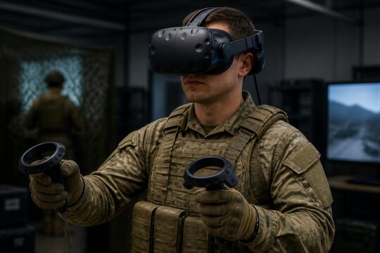 Soldier using virtual reality training simulation in indoor facility