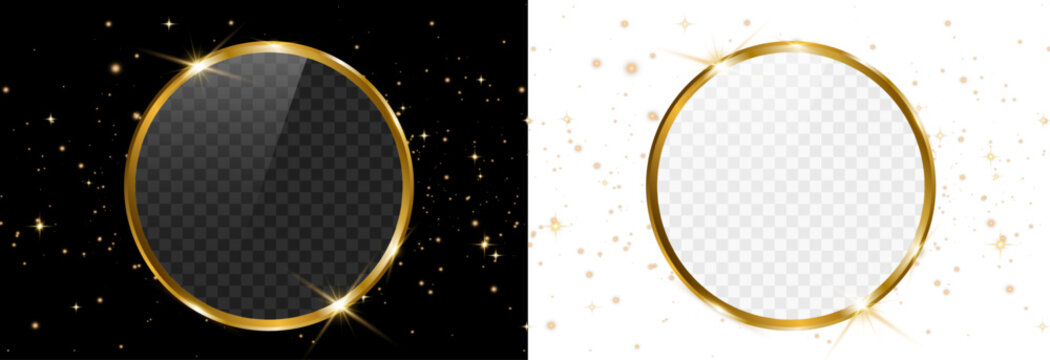 Luxury Round Gold Frame with Glitter Dust Sparkles on Transparent PNG Background. Elegant Golden Circle Border Vector