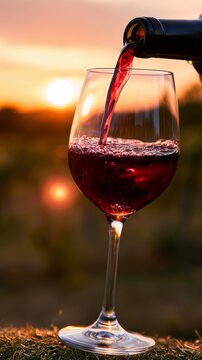 Pouring red wine into glass at sunset in vineyard