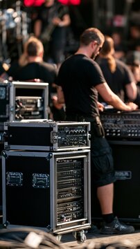 Audio engineer working with sound equipment on stage