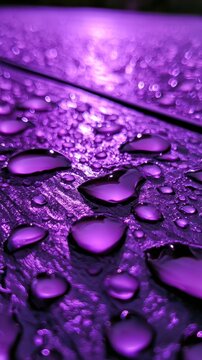 Purple water droplets on textured surface creating bokeh
