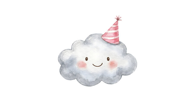 Cute smiling cartoon cloud wearing pink striped party hat with watercolor illustration isolated cheerful painting transparent background