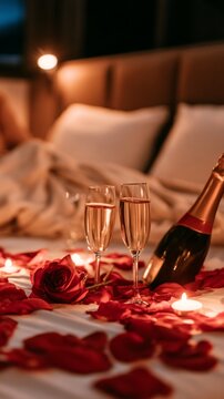 Romantic anniversary celebration in bed with champagne and roses