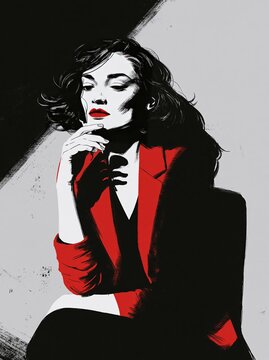 Confident woman posing in red blazer thinking
