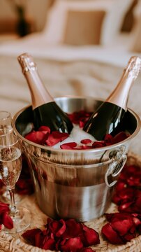 Champagne bottles chilling in ice with rose petals