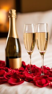 Champagne bottle with flutes and rose petals on bed