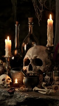 Human skull and candles on dark occult altar