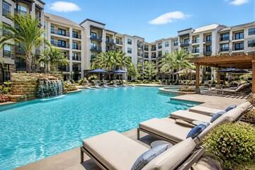 Fototapeta premium Resort swimming pool with loungers in courtyard complex