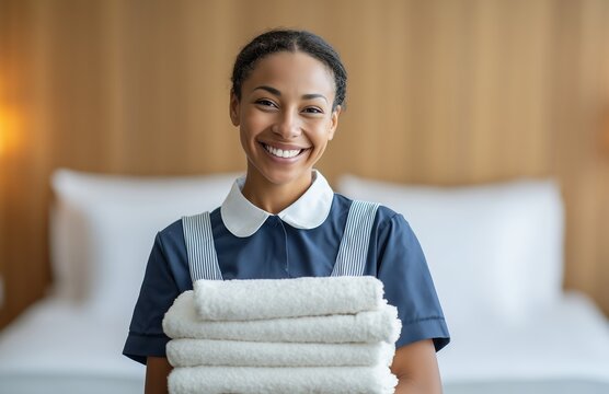 Maid in uniform with towels. Portrait of a maid in uniform holding fresh towels in a cozy room. Concept of service and comfort for guests.