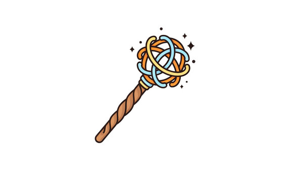 Illustrated magic wand with glowing sparkles and intricate knotted design on transparent background
