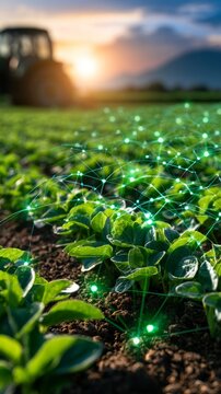 Smart farming field showing data network connectivity at sunset