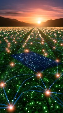 Smart agriculture field networking with sensor technology at sunset