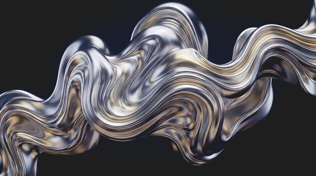 abstract liquid chrome wave background with glossy metallic silver and gold fluid texture on dark backdrop