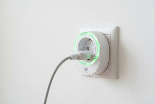 Smart electrical plug with glowing green energy saving ring illuminating against a white wall