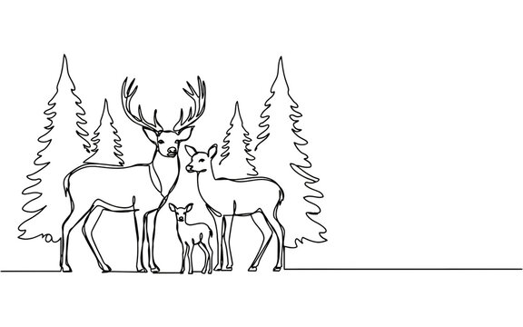 Line drawing of deer family standing together in a forest surrounded by tall pine trees