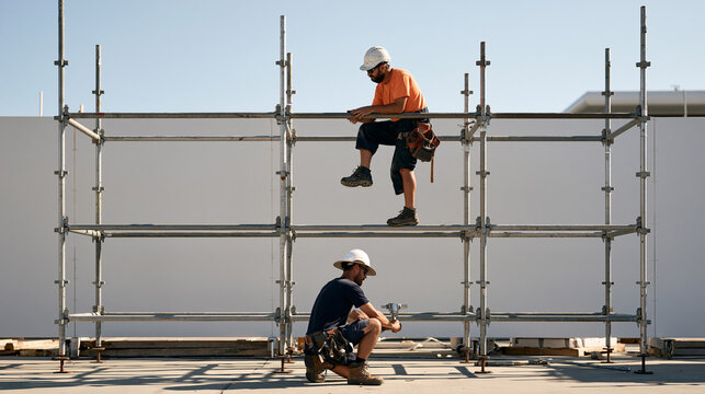 Scaffolders erect a steel framework against a sterile white construction hoarding, the process of assembling vertical poles and horizontal ledgers shown in sharp action, one