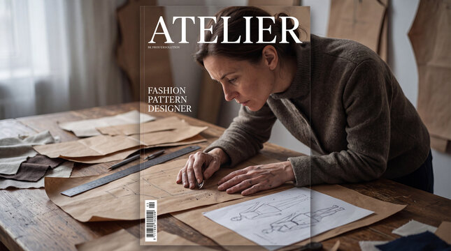 Dise&ntilde;adora de moda trazando patrones en taller de costura, estilo editorial de revista
