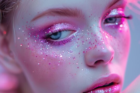 Close up portrait of a beautiful woman showcasing creative glitter makeup in vibrant pink hues under neon lights