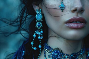 Fototapeta premium Close up of a woman with blue jewelry, nose piercing, and blowing hair, creating a mystical and elegant atmosphere