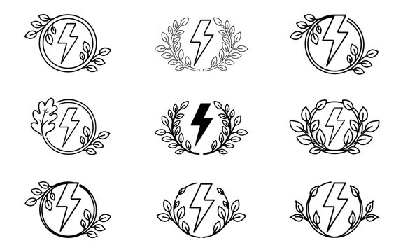 Minimalist line art logos featuring lightning bolt symbols surrounded by leafy circular and laurel designs on transparent backgrounds