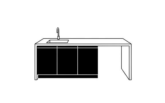 Minimalist modern kitchen sink cabinet with transparent background and integrated faucet design