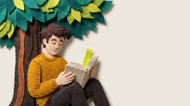 Young man reading a book while sitting under a felt tree  