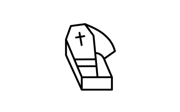 Simple line drawing of an open coffin with cross symbol on lid representing funeral or burial theme