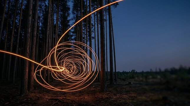 Glowing light trails spiral through a tall pine forest at dusk