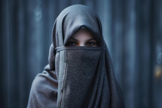Portrait of a young muslim woman wearing a niqab and hijab, standing in front of a metal wall