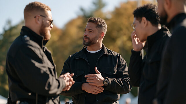 Diverse team of event security professionals standing at the edge of an outdoor festival field beneath shifting autumn trees, one officer exchanging a reassuring nod with a