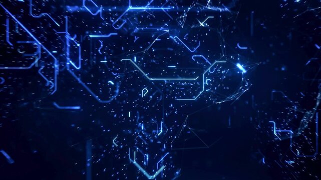 Digital world map formed by interconnected circuit board lines glowing in cyberspace for global communication network connectivity and modern data technology.