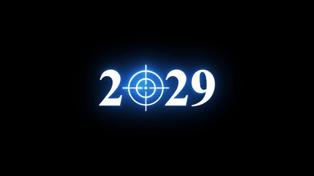 2029 Neon Target Countdown Animation with Glowing Cross hair, Futuristic New Year Technology Number Background.