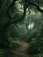 Fototapeta premium Enchanted Woodland Pathway Unfolding Through Lush Emerald Foliage, Inviting Exploration and Serenity Beneath Whispering Trees