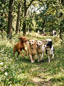 Group of happy dogs running together on a sunny forest trail