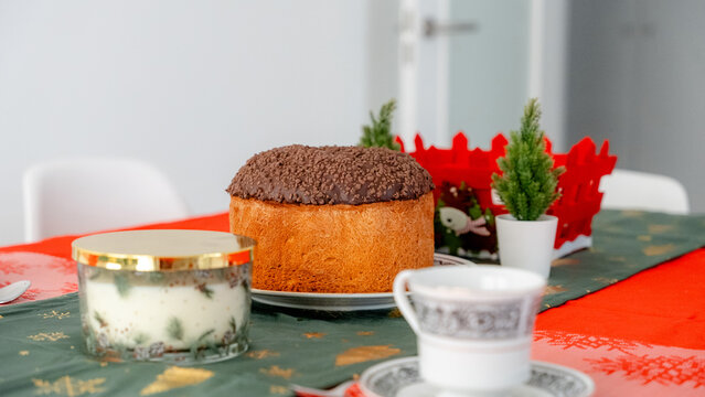Panettone and Coffee for New Year Breakfast at Home