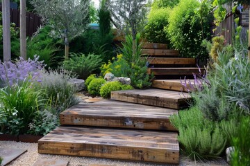 Fototapeta premium Wooden garden stairs winding through lush plants and flowers, creating a tranquil and inviting outdoor space