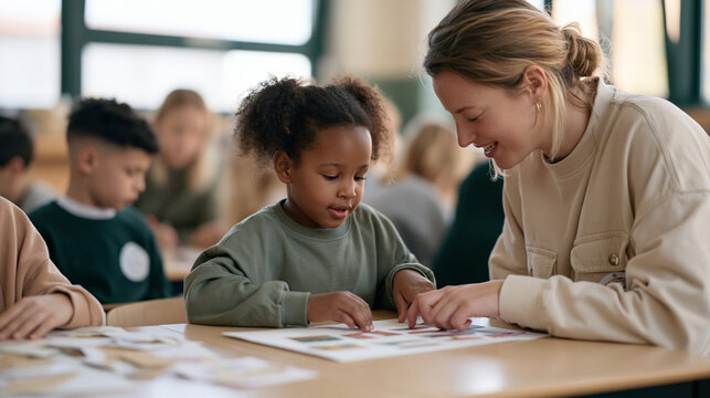 Multicultural group of children in a crowded community center art class cut and paste collage pieces a refugee child carefully arranges paper flags from many nations the
