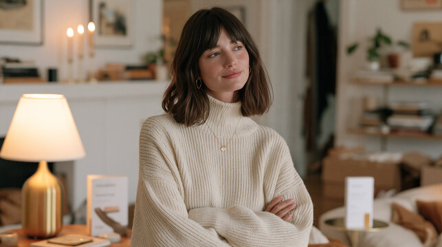 A declutterer stands in a candlelit living room transformed from chaos to calm, a preventive genomics test kit placed on a cleared shelf as a symbolic new beginning, the before