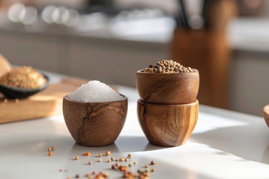 Wooden bowls containing salt and peppercorns sit on a bright kitchen counter, ready for use